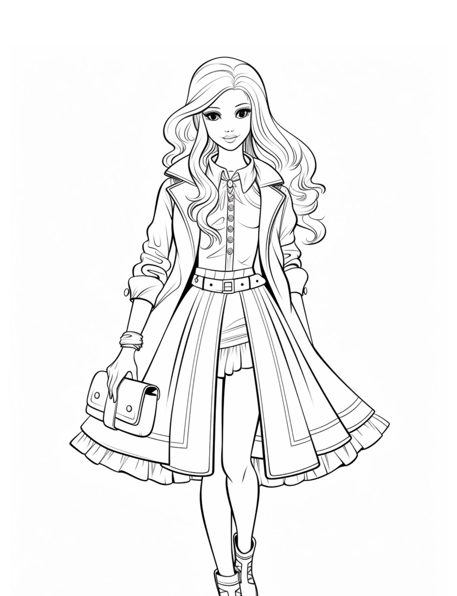 Fashion illustration coloring page with elegant outfit