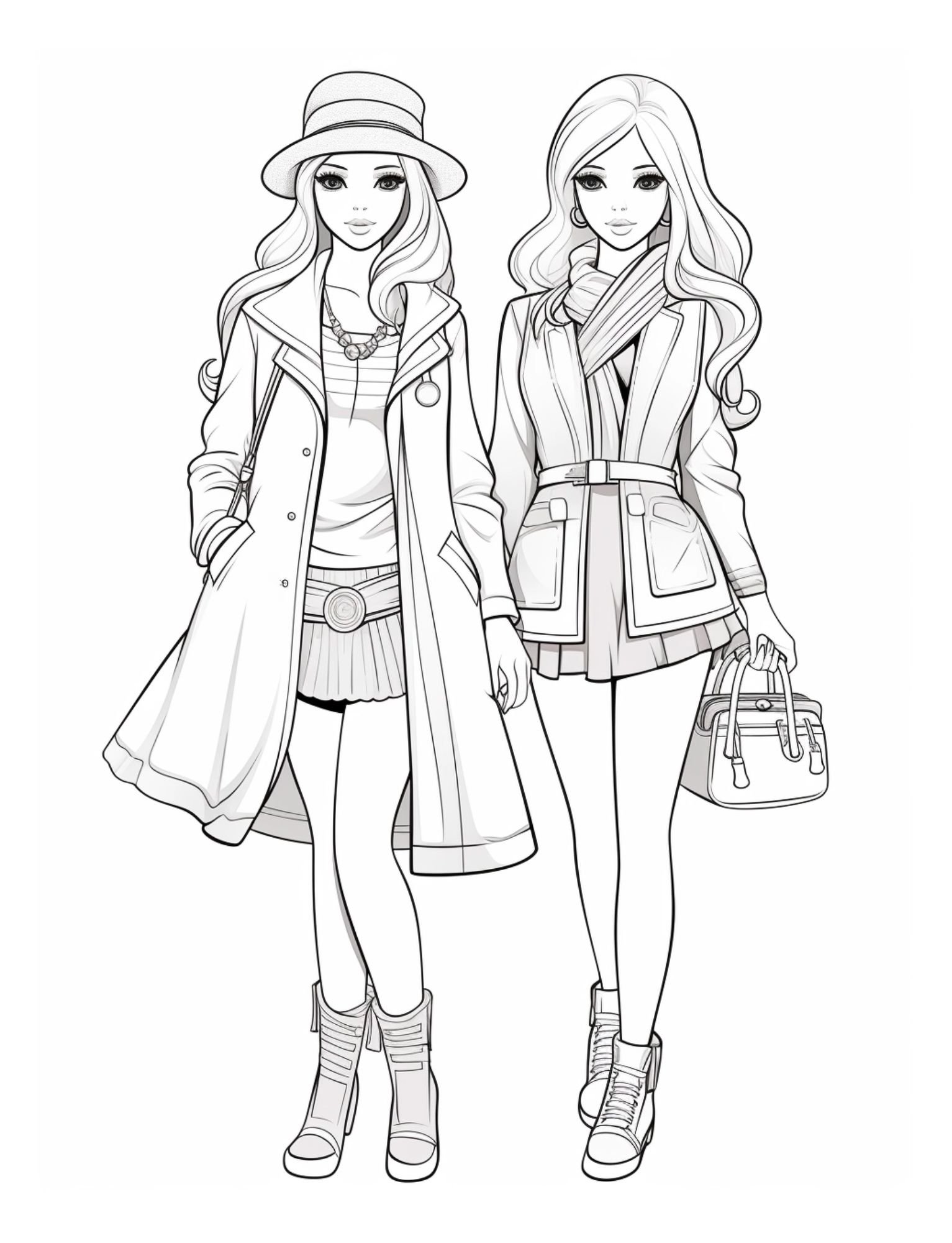 Fashion girls coloring page with modern outfit designs