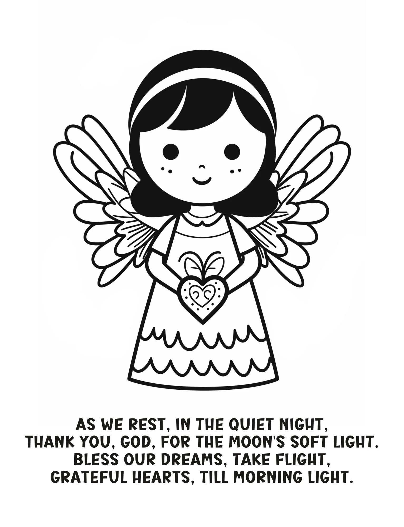 Angel coloring page with bedtime prayer for kids