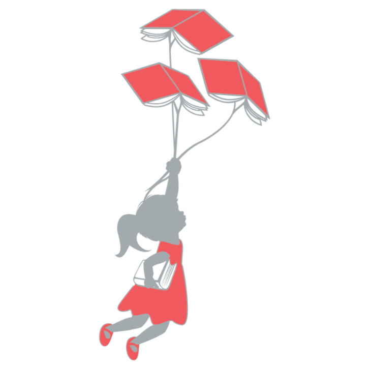 Silhouette of a girl with a ponytail in a red dress, hanging from red books that are held together by strings.