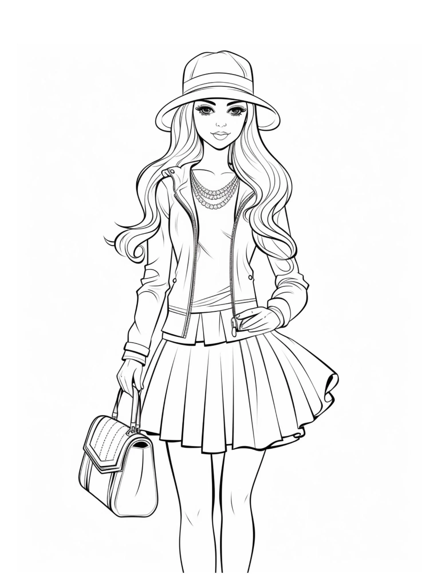 Stylish girl with hat fashion coloring page illustration