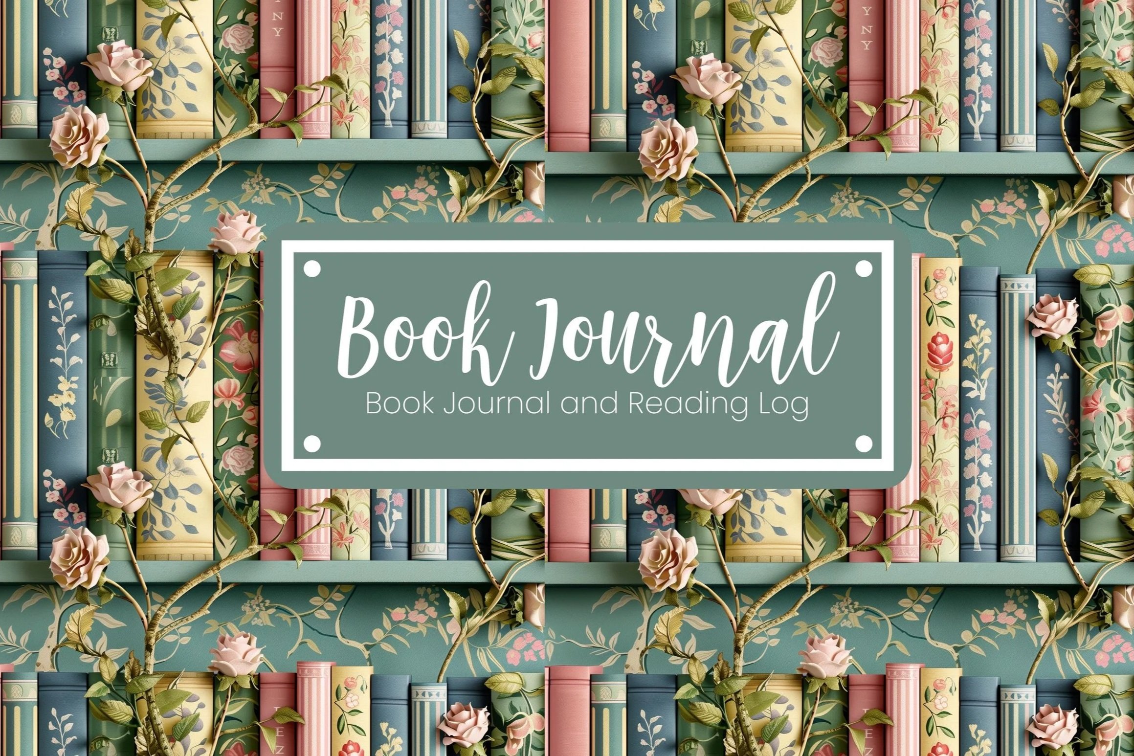 Lectureka Press Book Journal Cover of a decorative bookshelf filled with pastel-colored books with floral and botanical patterns on the spines.  A green sign in the center reads 'Book Journal' with the subtitle 'Book Journal and Reading Log'.