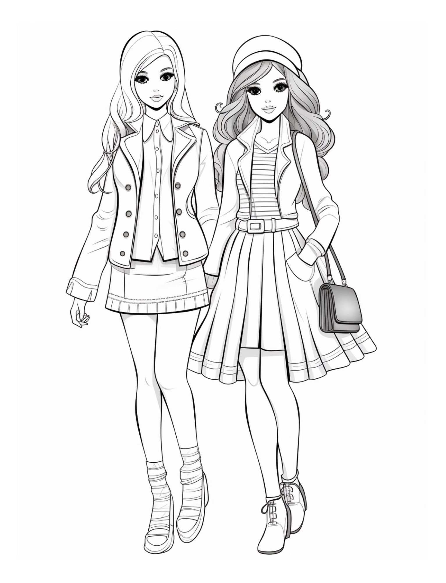 Fashion outfit coloring page featuring two stylish girls