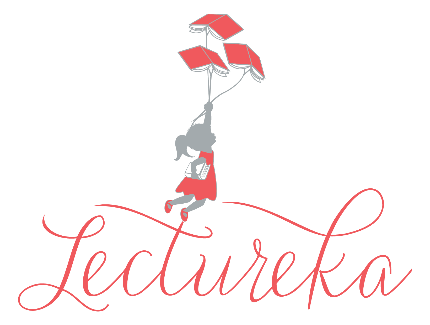 A stylized gray silhouette of a girl holding books, hanging from three books like balloons, above the word "Lectureka" written in cursive.