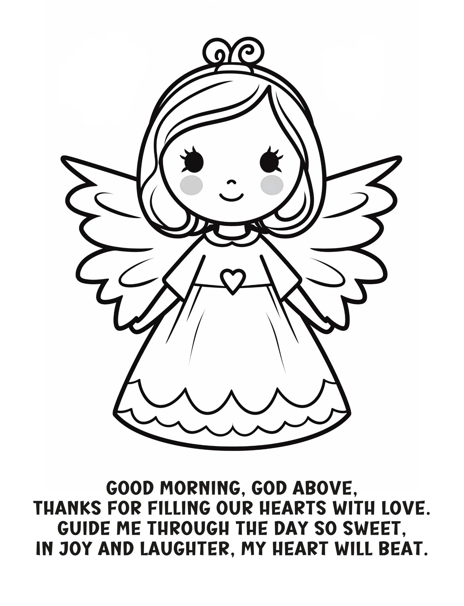 Cute angel coloring page with morning prayer for kids