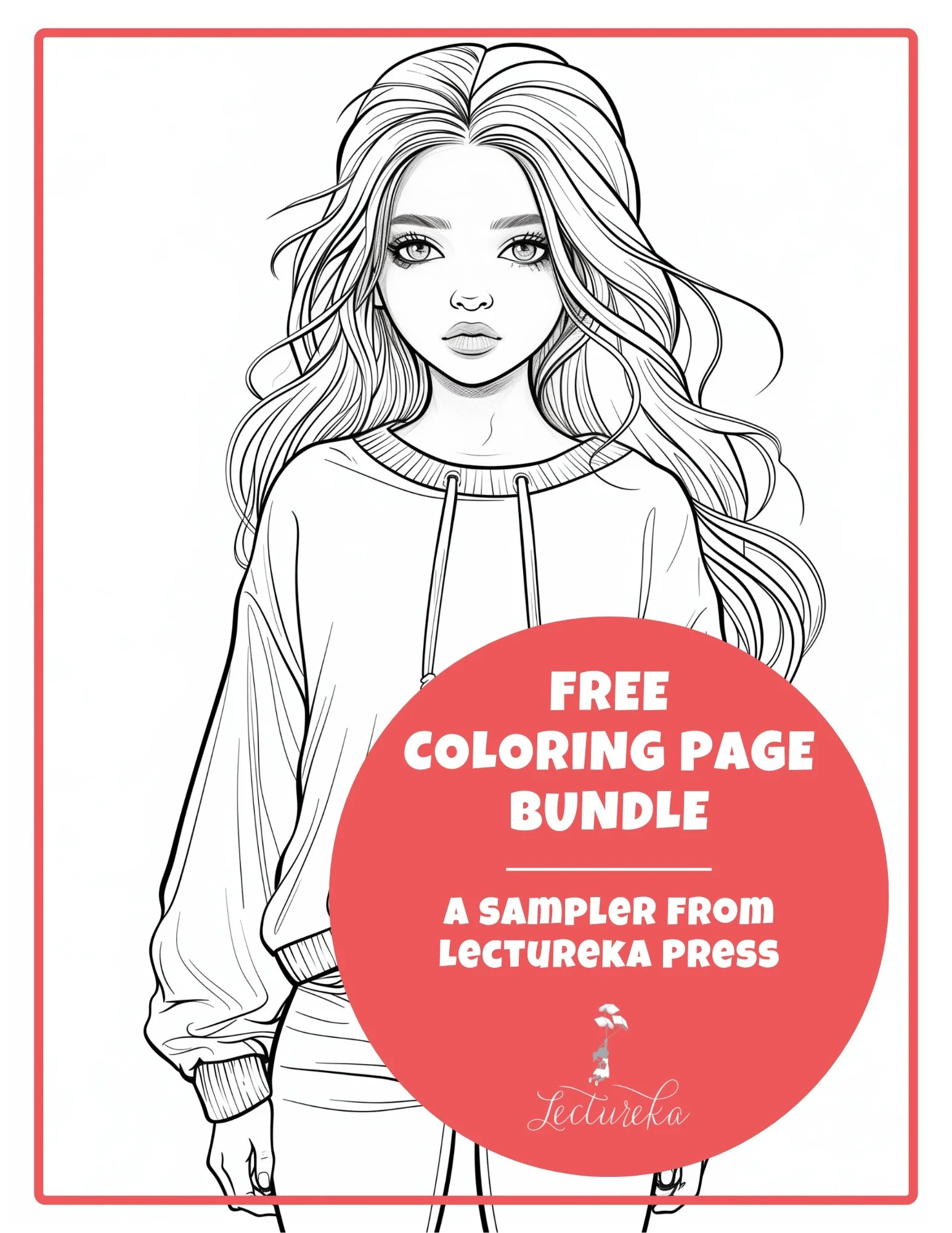 Black-and-white line drawing of a girl with long hair wearing a hoodie, with a red circle overlay containing text about free coloring pages from Lectureka Press.