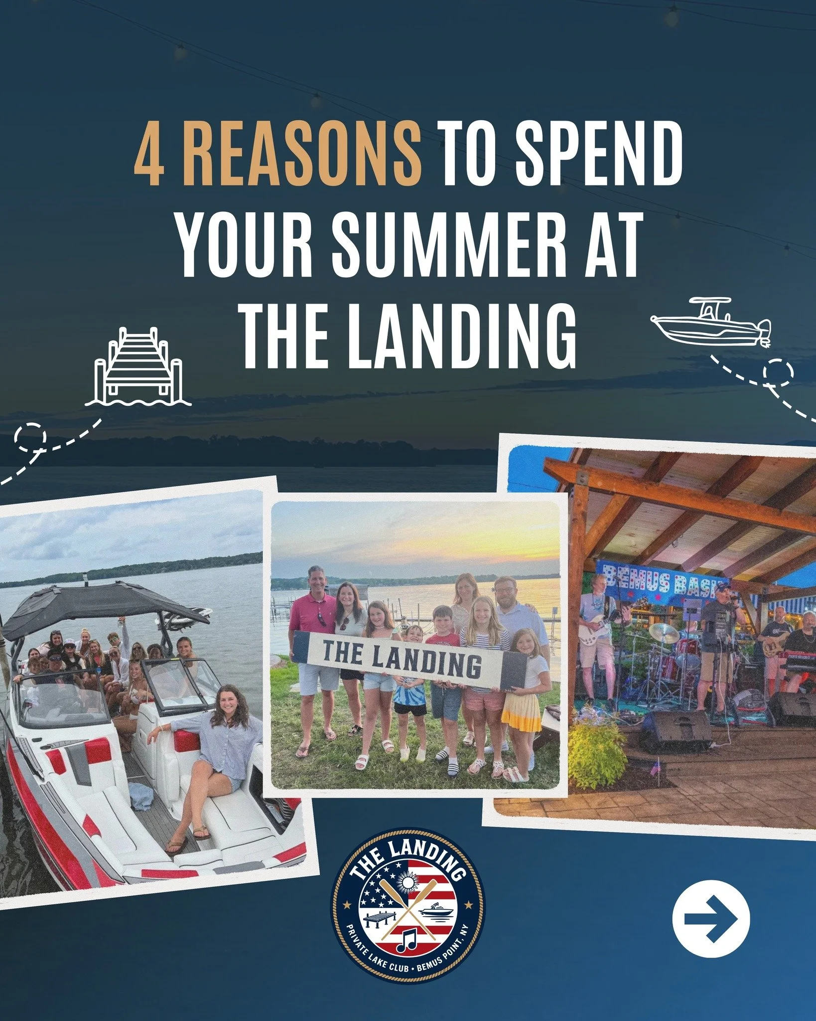 Your summer will be a million times better at The Landing!☀️

Live music, dancing, and a full lineup of events that make your summer the most memorable one yet...all season long and it's not too late to join us!!

**Memberships and information are av