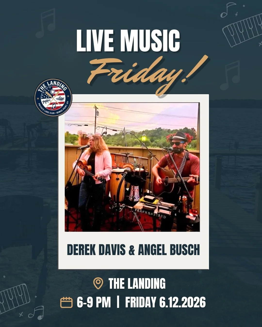 This weekends live music line up is here! 

Join us Friday evening from 6&ndash;9 PM as Derek Davis and Angel Busch bring their acoustic sound to the waterfront, playing a little bit of everything, from rock favorites to crowd-pleasing classics.

Dou