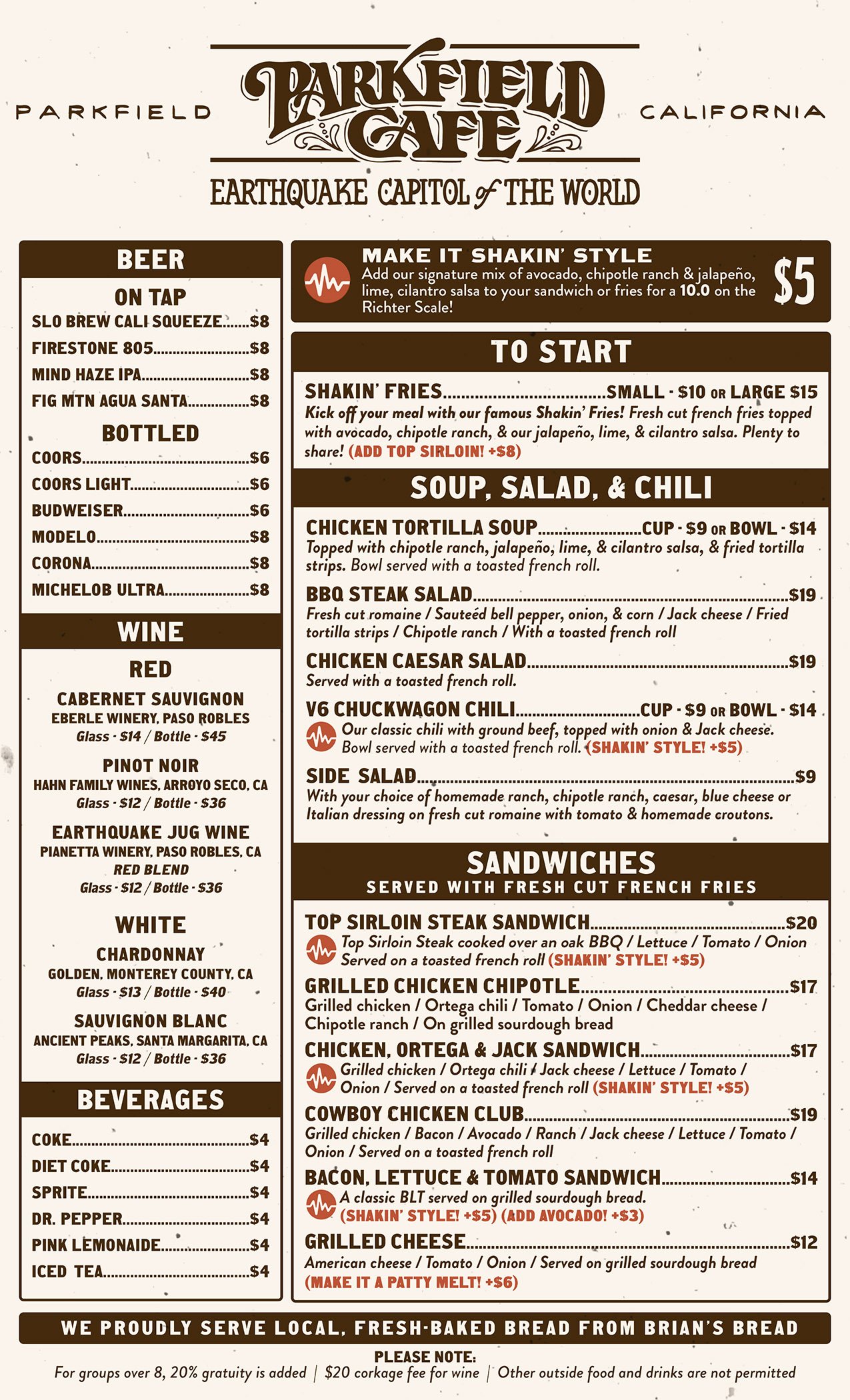 Menu from Parkfield Cafe in California featuring beer, wine, appetizers, soups, salads, chili, sandwiches, and beverages.