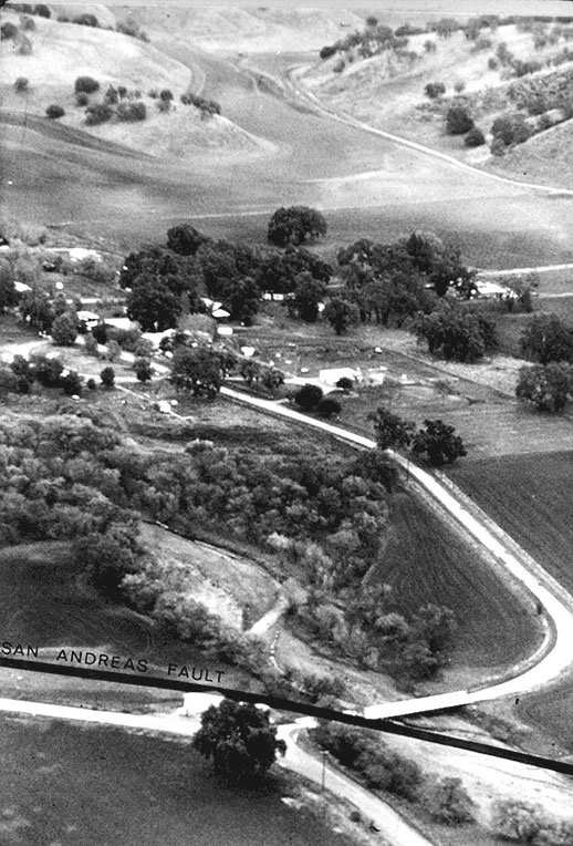 Black and white aerial view of Parkfield, California in 1964 showing the town's proximity to the San Andreas Fault.