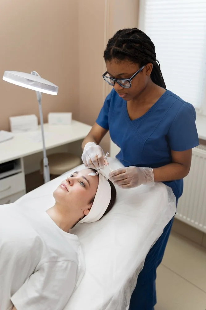 A woman lying on a treatment bed with a headband, receiving a cosmetic or skincare procedure from a healthcare professional in blue scrubs and gloves in a clinical setting.
