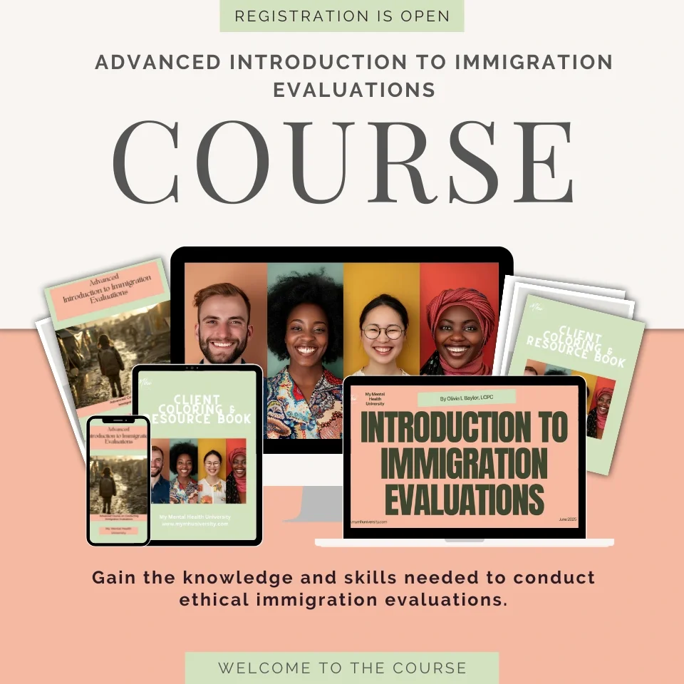 Promotional flyer for an online course titled 'Advanced Introduction to Immigration Evaluations' featuring images of diverse smiling people on devices, with text inviting registration and highlighting gaining skills for ethical immigration evaluations.