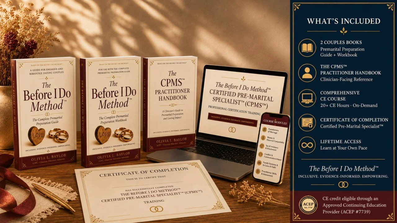 Books about premarital and dating counseling, a laptop, a certificate of completion, and a smartphone on a wooden surface with decorative elements and a graphic detailing included course contents.