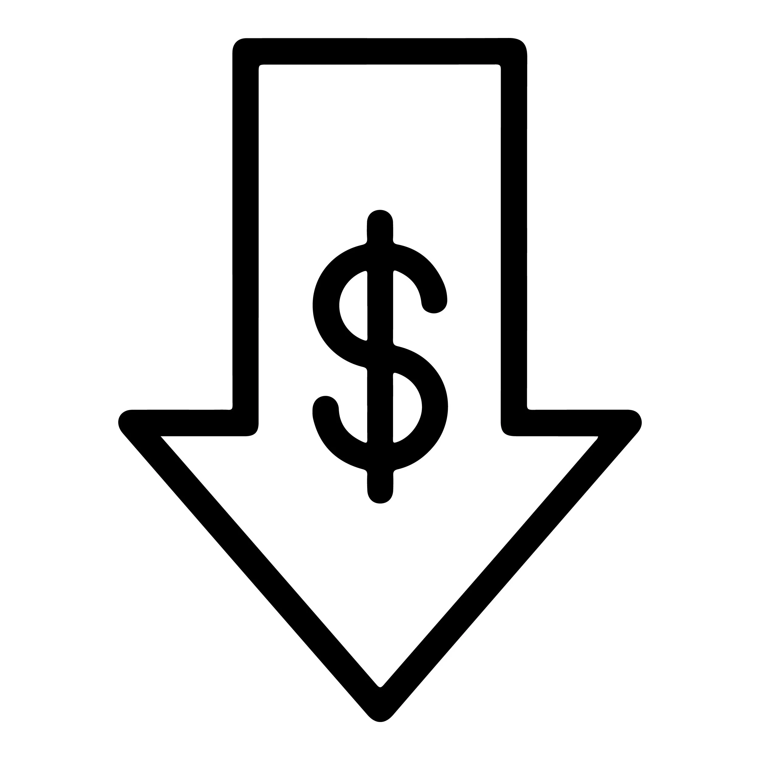 Black and white graphic of a downward pointing arrow with a dollar sign inside a rectangle at the top.