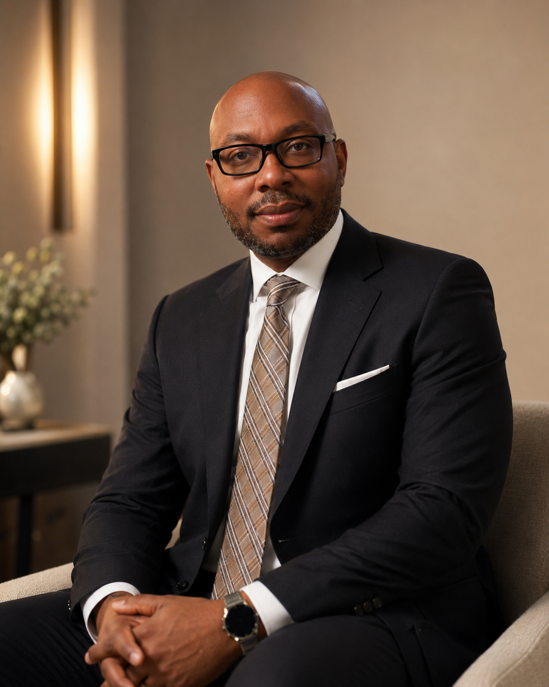A confident man with glasses in a black suit and plaid tie, sitting on a beige armchair in a professional setting.