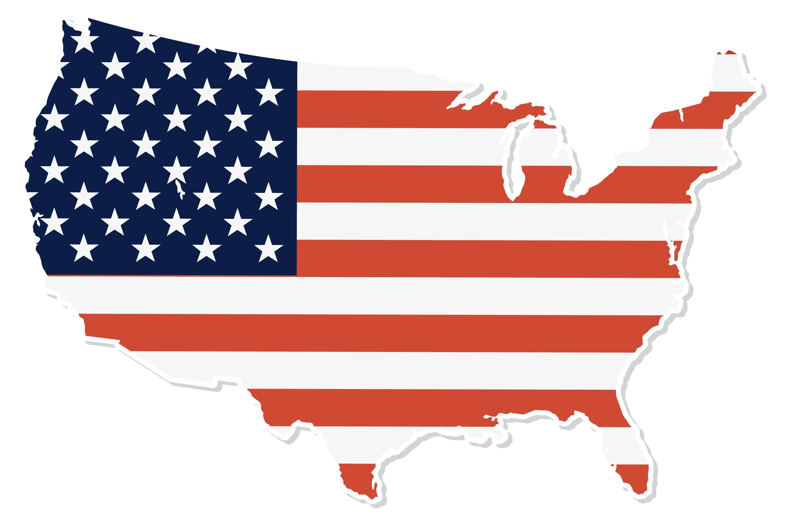 Outline of the United States filled with an American flag pattern.