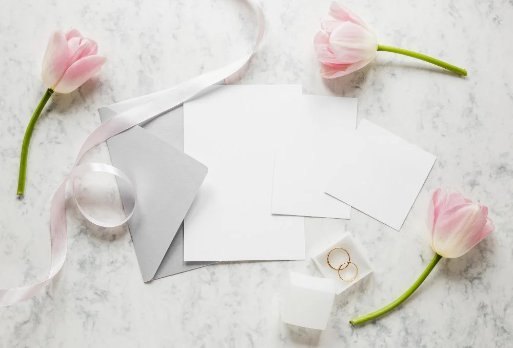 Flat lay of pink tulips, blank white cards, a gray envelope, gold wedding rings, and white ribbon on a marble surface.