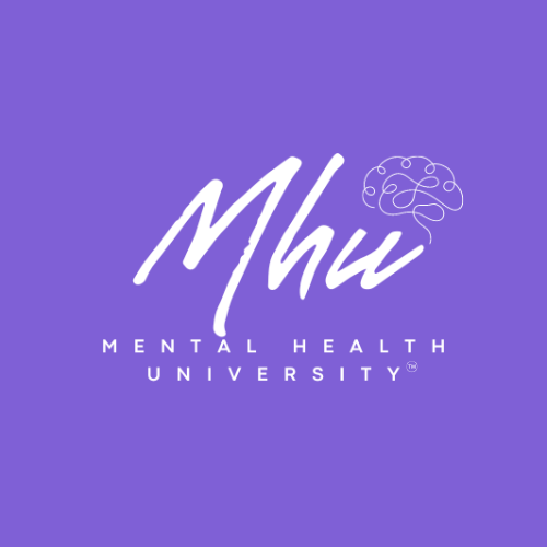 Logo for MHU Mental Health University with a purple background and a stylized brain illustration.
