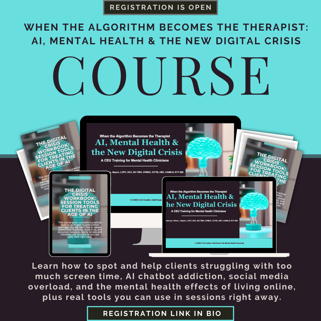Promotional flyer for a course titled 'AI, Mental Health & the New Digital Crisis.' The flyer features images of digital devices with course materials and describes the course as a CEU training for mental health clinicians. It emphasizes learning tools to help clients with digital addiction, social media overload, and mental health effects, with a registration link in the bio.