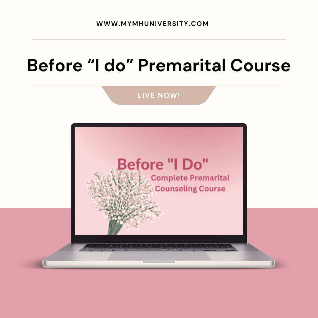 Advertisement for an online premenstrual counseling course titled "Before 'I Do'." The ad features a laptop with a pink screen displaying a flower and course details, and a neutral beige banner with the words "LIVE NOW!" at the top.