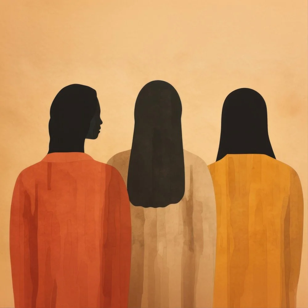 Silhouettes of three women with long black hair, viewed from the back, wearing orange and yellow clothing, in front of a plain beige background.