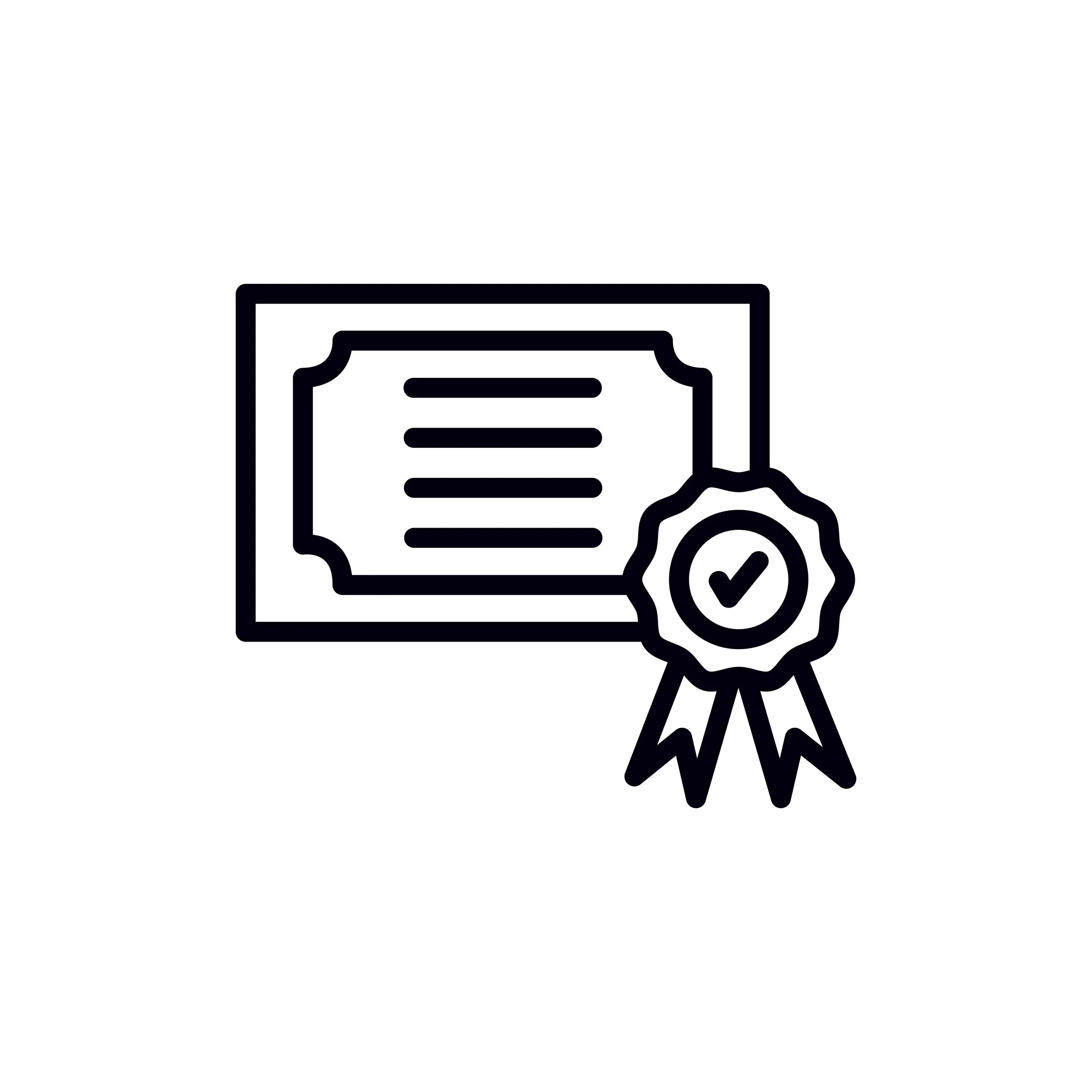 Line drawing of a certificate with a ribbon and checkmark in a badge