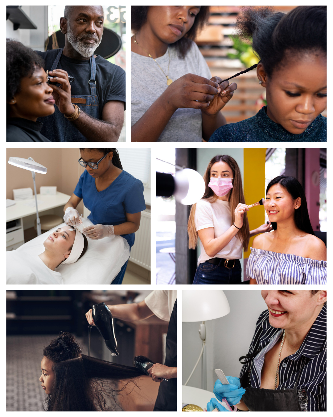 A collage of images showing various beauty and hair care services, including a barber cutting a woman's hair, a woman braiding a girl's hair, a nurse performing a facial treatment, a makeup artist applying makeup to a woman, a hairstylist blow-drying a client's hair, and a woman receiving manicure services.