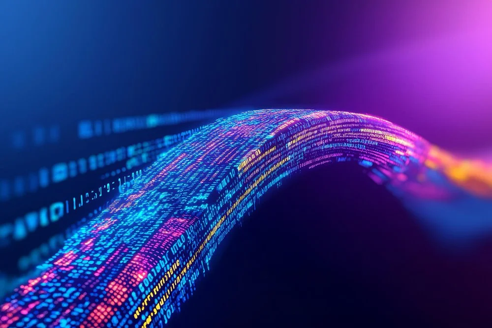 Colorful digital data stream with glowing lines and binary code in blue, pink, and yellow hues.