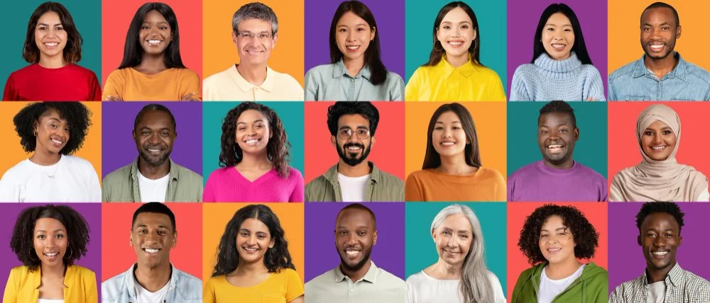 Collage of diverse smiling people in colorful backgrounds.