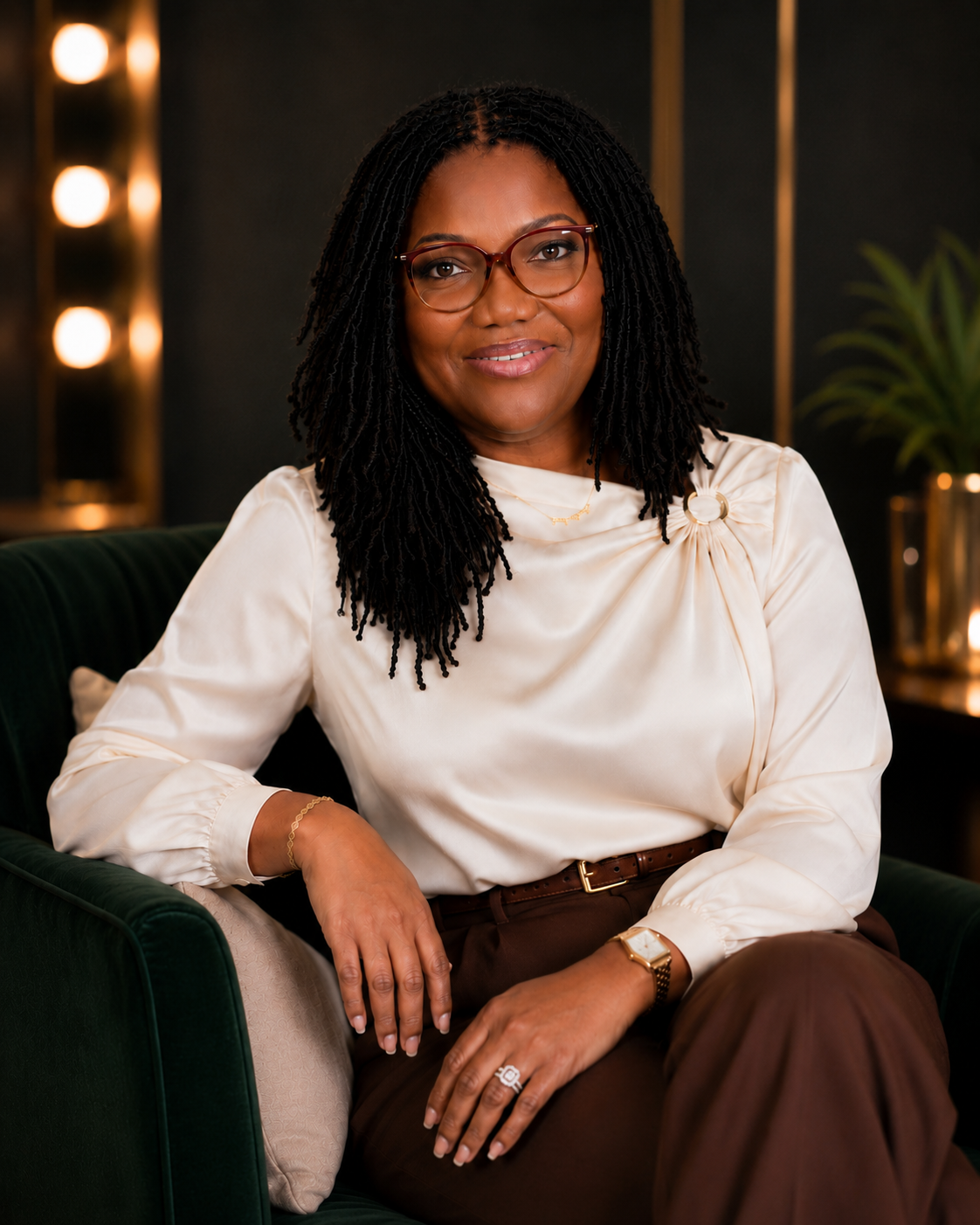 A woman with glasses and dreadlocks sitting on a dark green couch in a modern, dimly lit room, smiling.