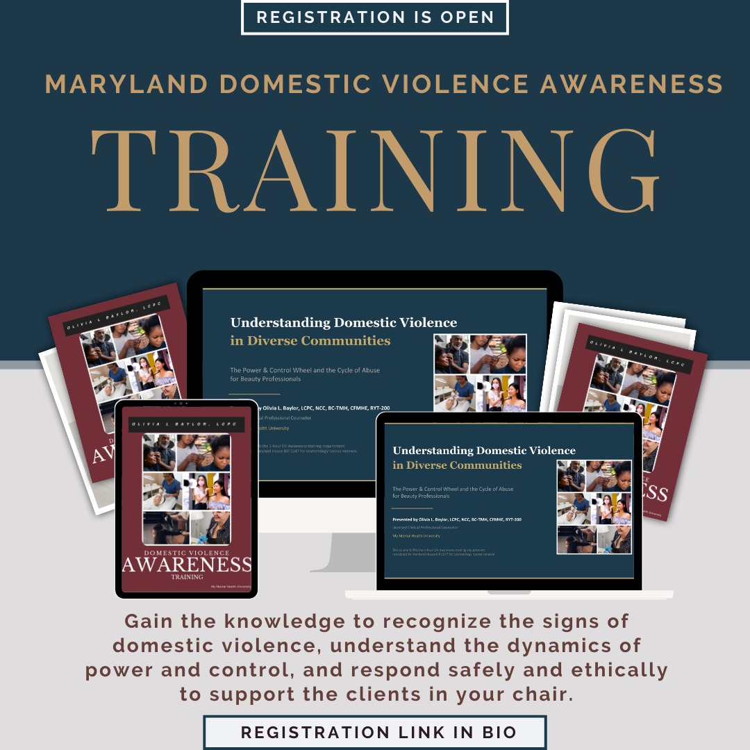 Promotional flyer for Maryland Domestic Violence Awareness Training featuring images of diverse individuals, laptop and tablet screens showing training content, and books, with text about recognizing signs of domestic violence and responding safely.