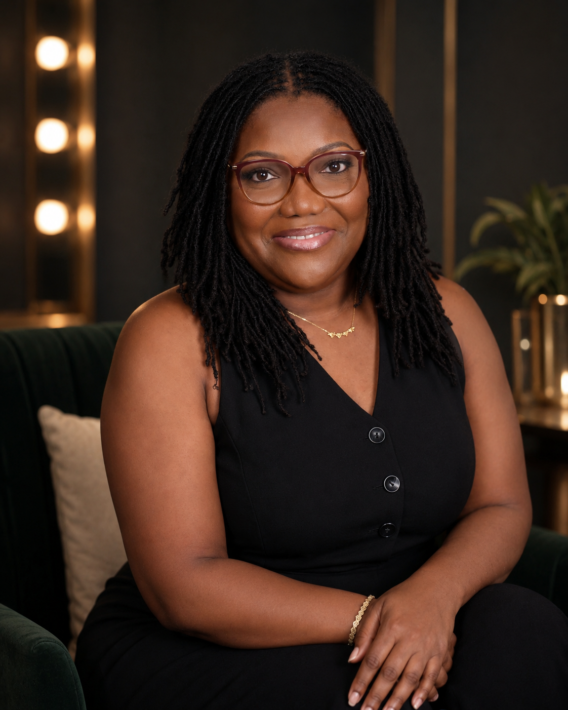 A woman with glasses and dreadlocks sitting on a dark green couch in a modern, dimly lit room, smiling.