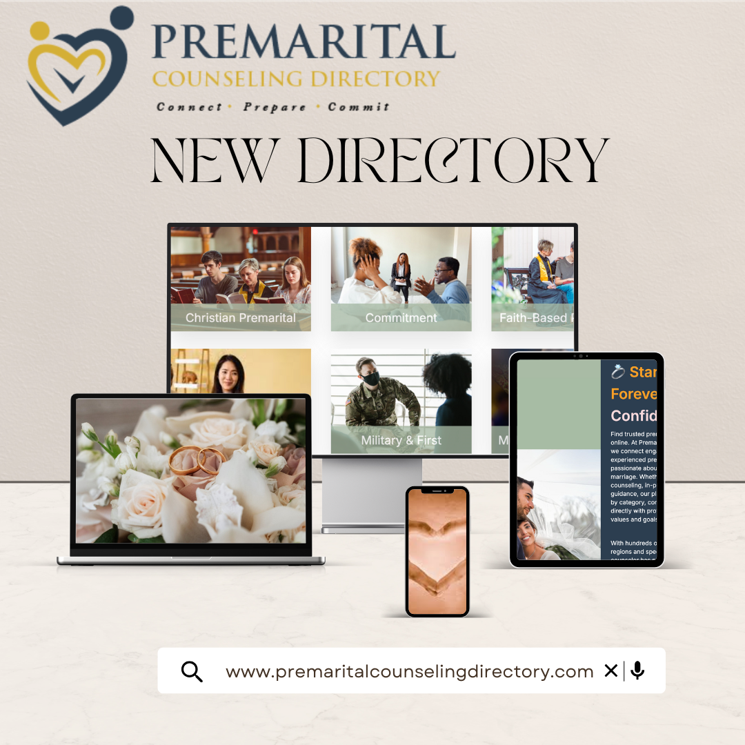 Promotional graphic for Premarital Counseling Directory with images of wedding rings, a couple, military personnel, and people in counseling sessions, along with a website URL.