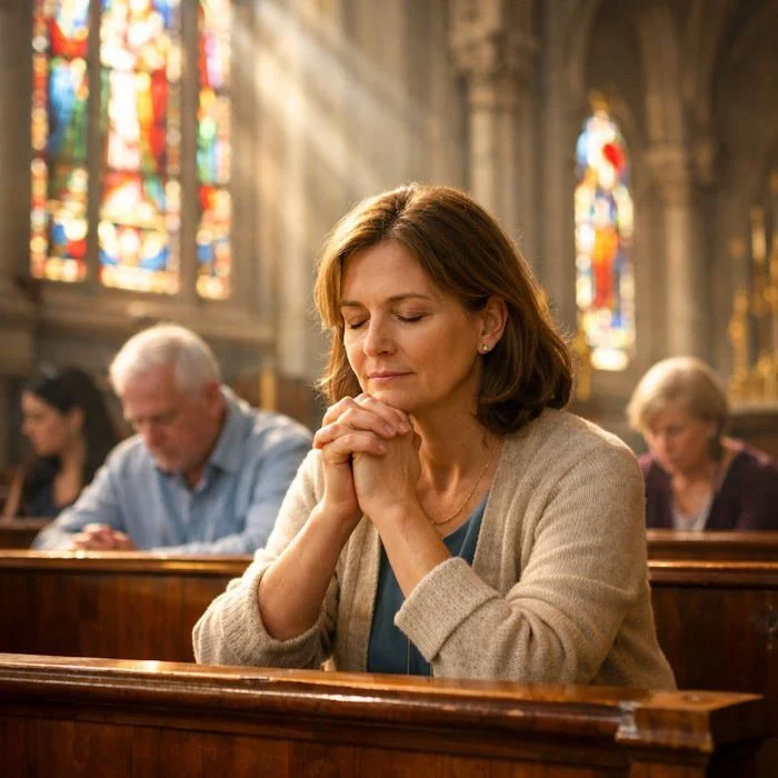 Woman praying in church