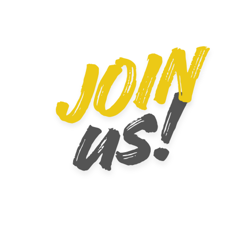 Text saying 'JOIN US!' in yellow and black graffiti-style font on a white background.