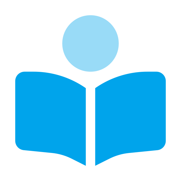 Blue icon of a person reading a book