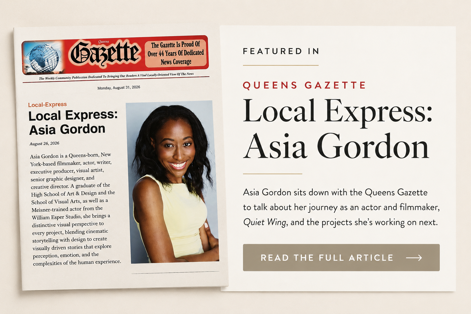A newspaper page from Queens Gazette featuring an article about Asia Gordon, who is a filmmaker, actress, and visual artist, with her photograph and a headline about her journey as an actor and filmmaker.