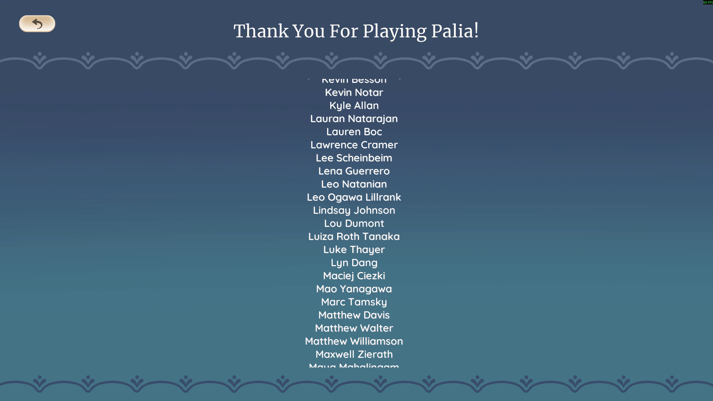 A screenshot of my name (Lauren Boc) in the credits of Palia.