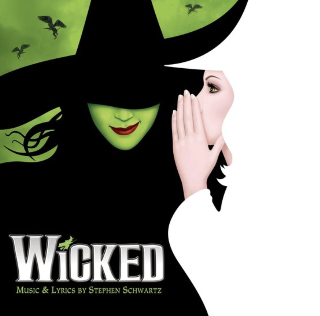 Poster for the musical Wicked, featuring the Wicked Witch of the West in a green face with red lipstick and a smiling face whispering to a woman with fair skin and white hair, who is covering her mouth with her hand.