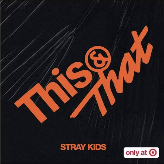 The album cover for 'This Is Tmx' by Stray Kids, featuring black background with orange text and graphic design elements, and a Target logo indicating it is exclusive to Target.