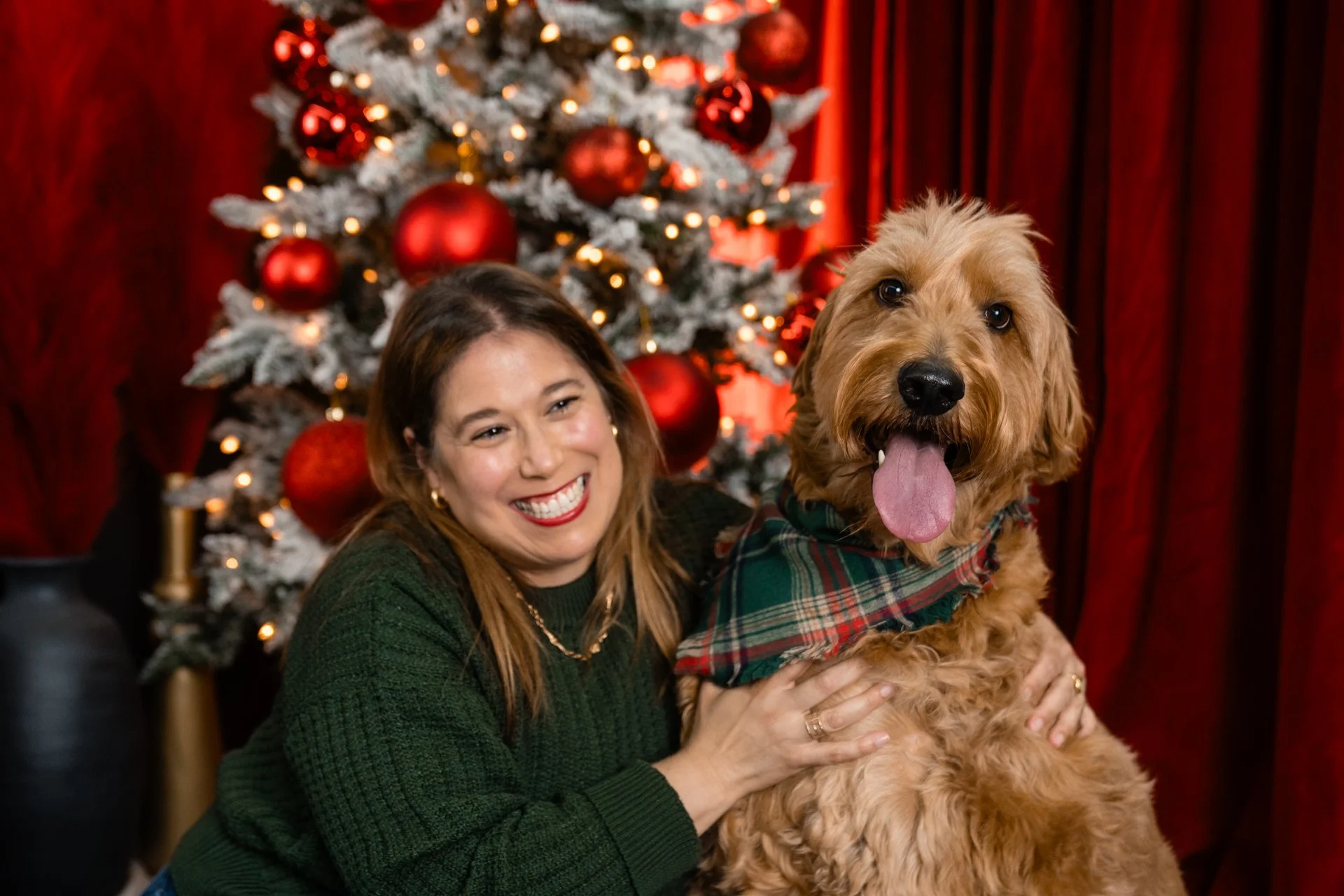 A woman smiling and holding an adorable golden doodle dog with a plaid scarf, standing in front of a decorated Christmas tree with red ornaments and yellow lights, in a cozy indoor setting with red curtains.