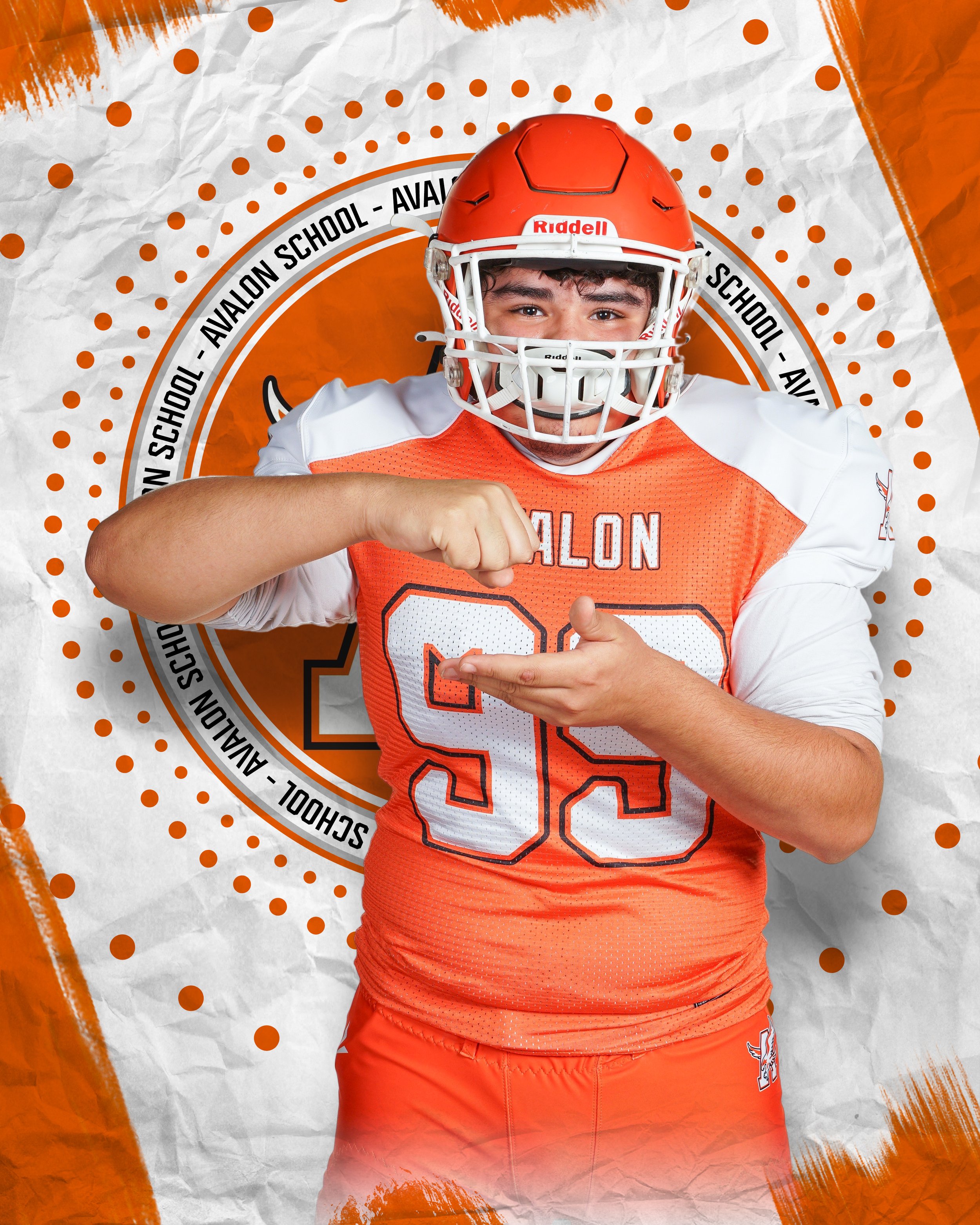 Football player in orange jersey with helmet performing a gesture, Avalon School logo in the background.