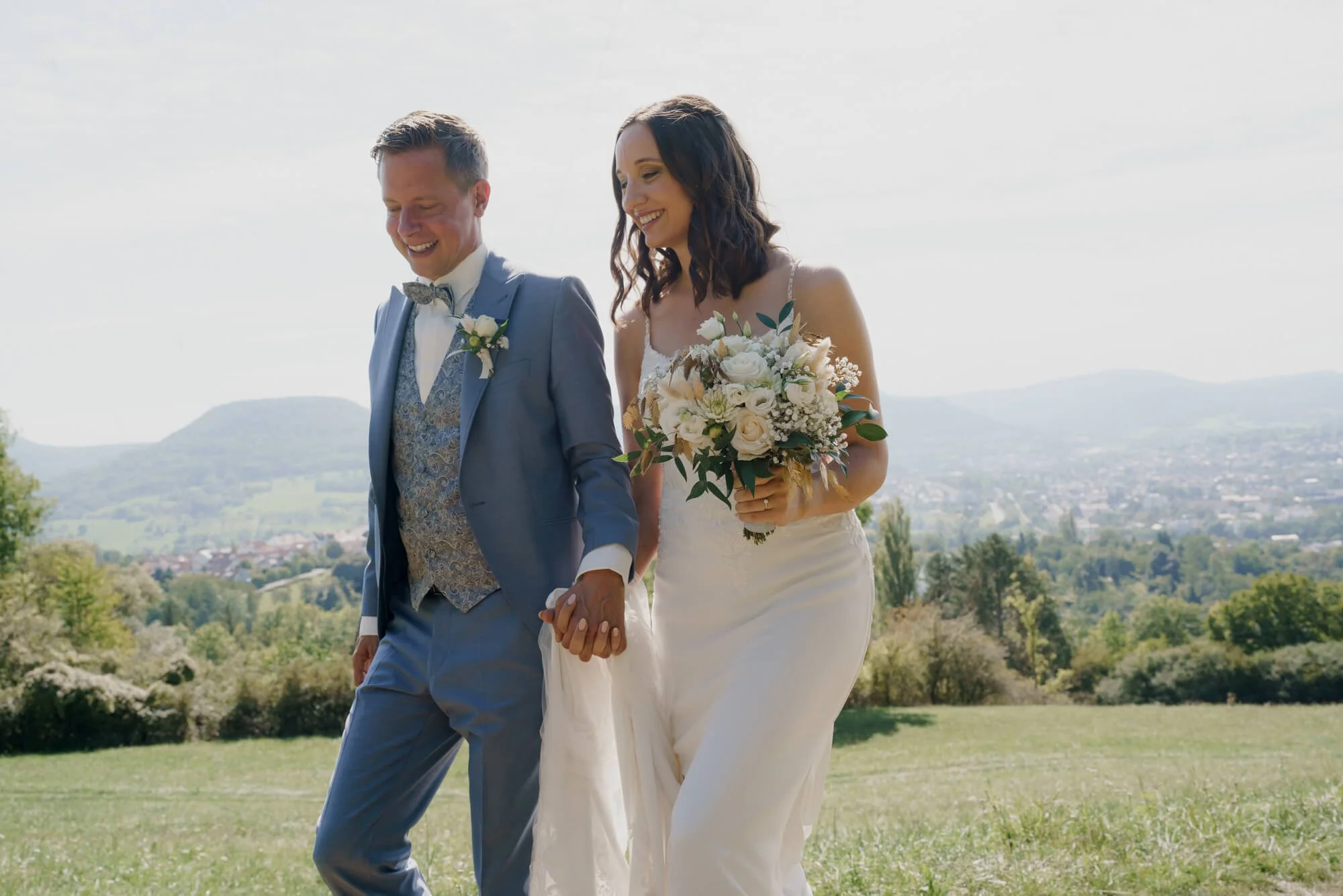 Wedding couple is enjoying sunny summer wedding day