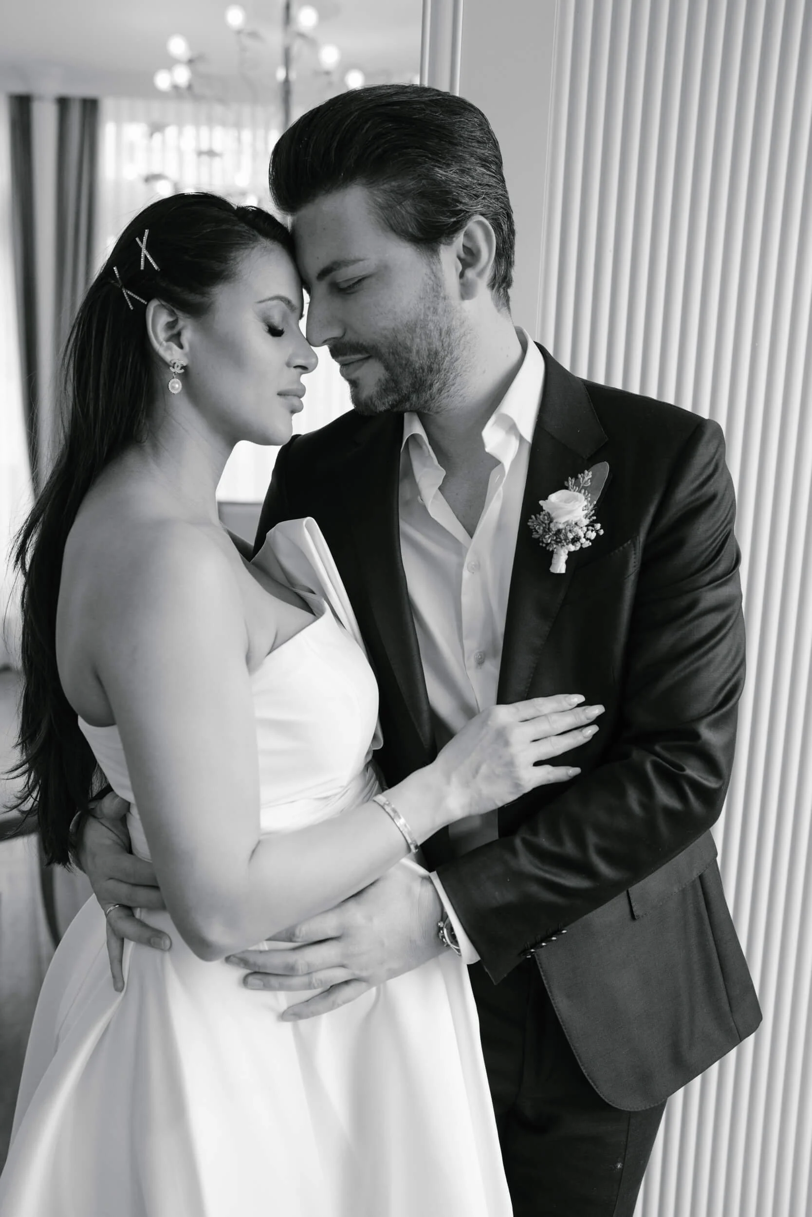 black and write, wedding couple hugging each other close up
