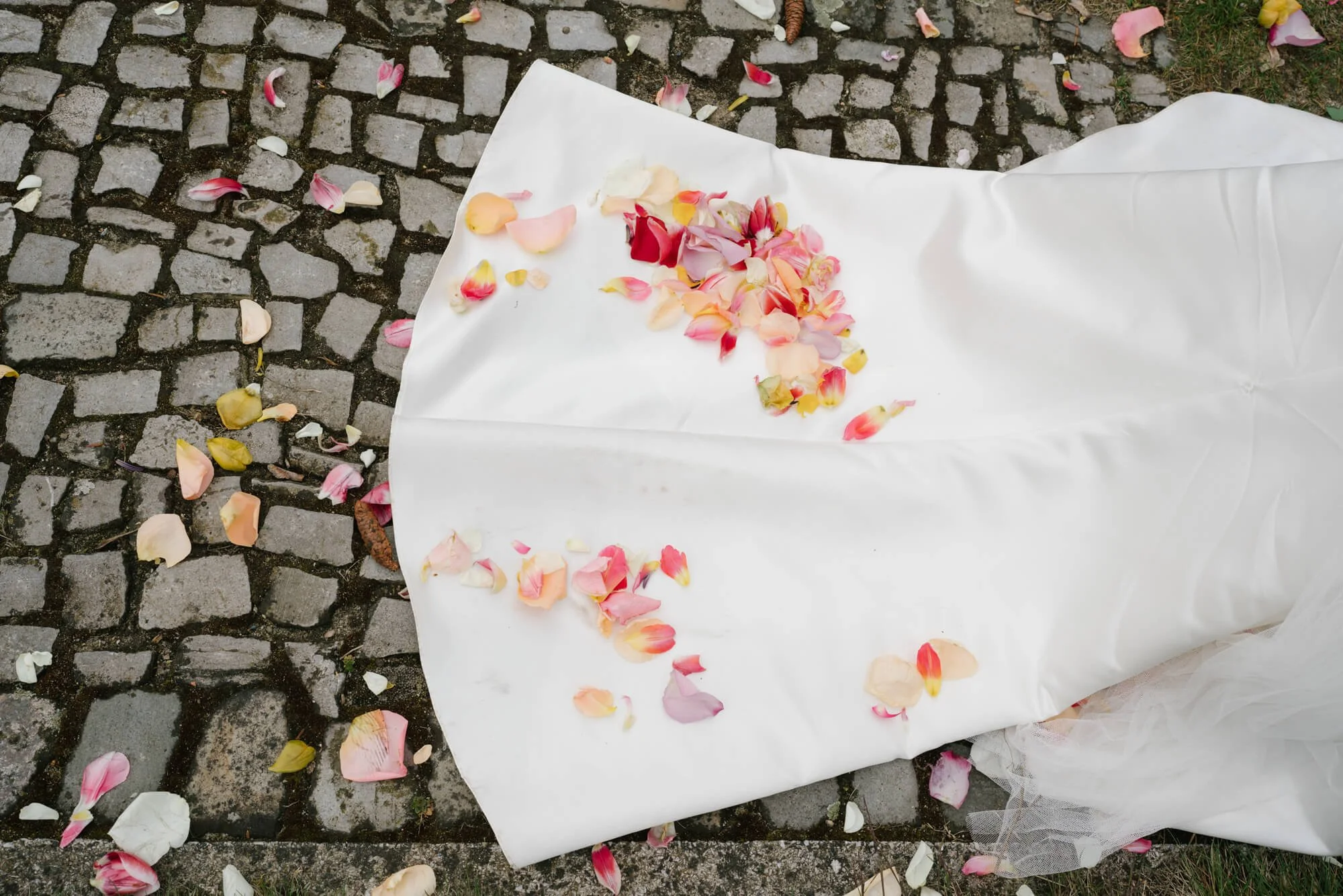 rose petals on the bridal wedding dress