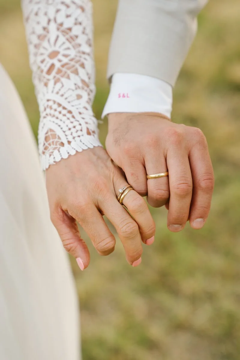 two hands together with rings of a wedding couple