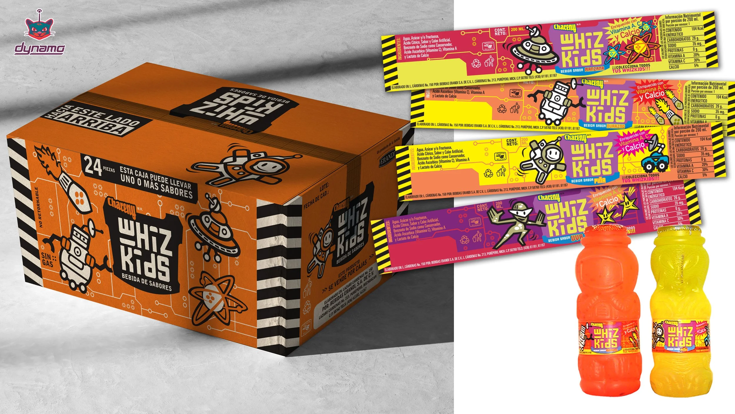 Desarrollo de su línea de bebidas infantiles Marca WhizKids. Contenedor de cartón a 2 tintas. Diseño de envases con personajes espaciales.