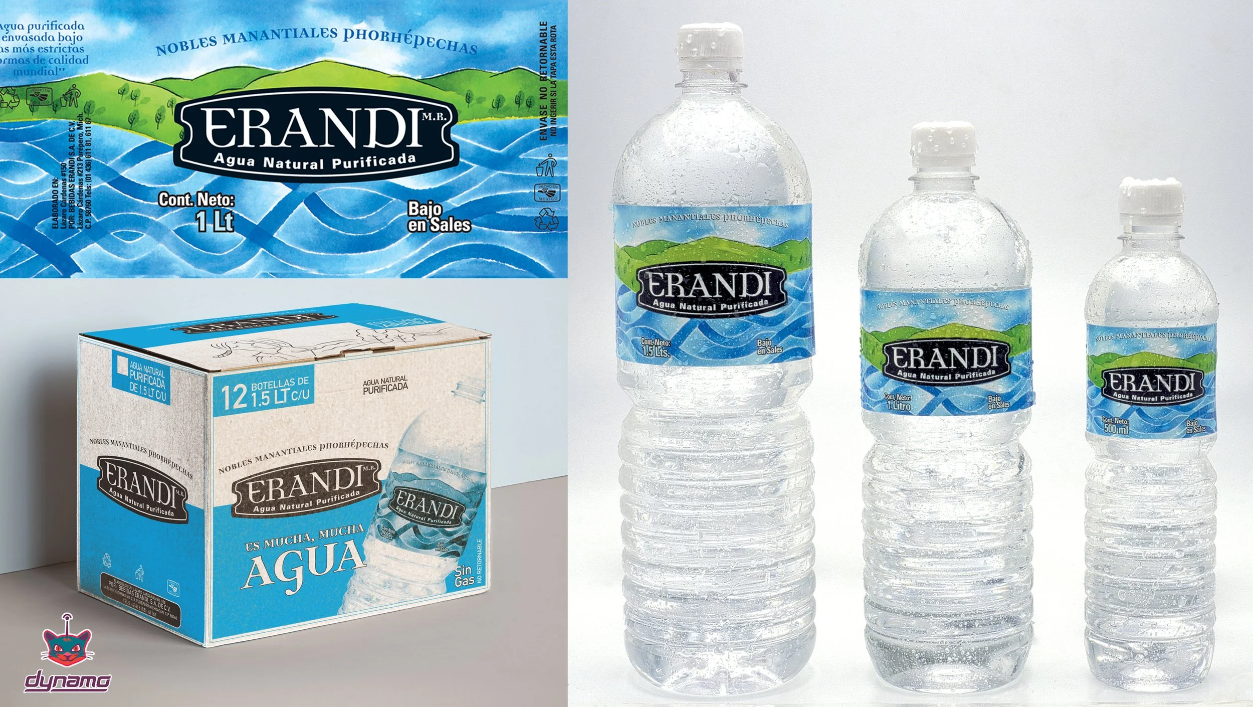 Presentaciones de agua natural ERANDI en sus tres presentaciones , 500 ml, 1 litro y 1.5 litros. Embalaje contenedor de cartón a dos tintas.
