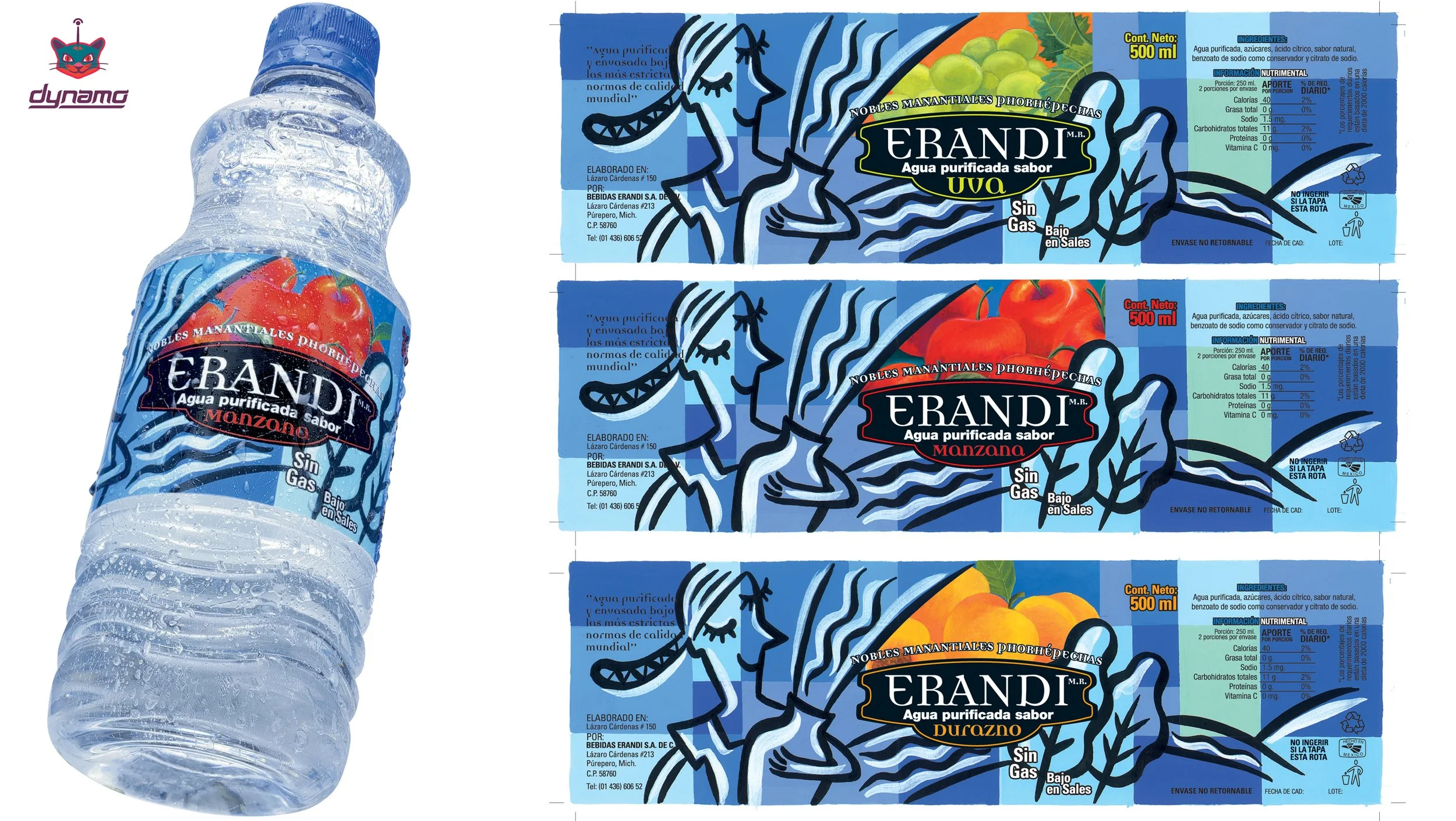 Diseño de botella con soportes de rigidéz ondulados que evocaban el flujo del agua.