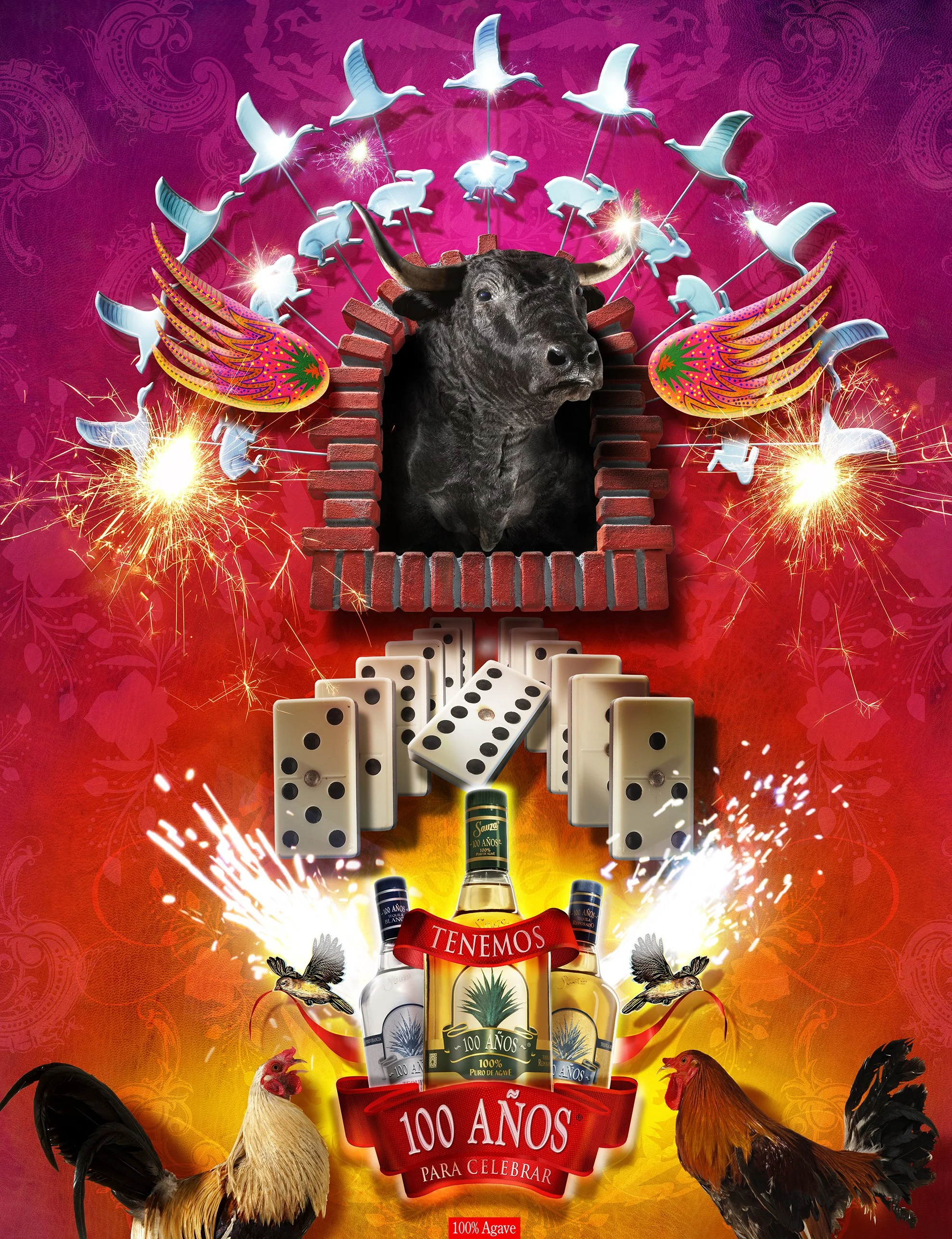 Póster para campaña de Tequila 100 Años hecha para Publicis. Versión Feria. / Creativo: Rocky Flores, Dirección de Arte: Gabriel Islas, Fotografía: Yuri Benítez, Diseño: Miguel Durán y Franz de Paula.